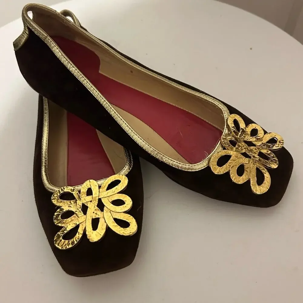 Kate Spade New York Loopy Buckle brown suede gold square toe flats Italy. 7.5